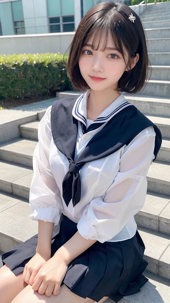 Black Hair、(School-designated sailor uniform:1.3)、short hair、hair accessory、Laugh a little、See-through、High-quality panties available、(Highest quality,masterpiece:1.3,Ultra-high resolution,),(Ultra-detailed,Caustics),(Photorealistic:1.4,RAW shooting,)Ultra-Realistic Capture,Very detailed,High resolution 16K human skin closeup。 The skin texture is natural、Detailed face and eyes、Sit on the stairy hair sways in the wind、
