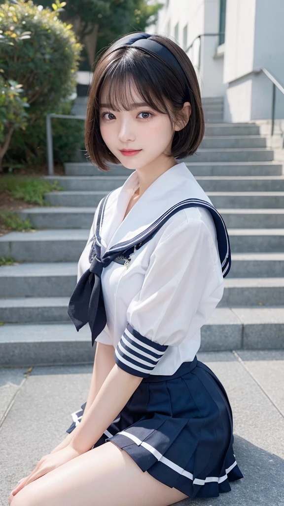Black Hair、(School-designated sailor uniform:1.3)、short hair、hair accessory、Laugh a little、See-through、High-quality panties available、(Highest quality,masterpiece:1.3,Ultra-high resolution,),(Ultra-detailed,Caustics),(Photorealistic:1.4,RAW shooting,)Ultra-Realistic Capture,Very detailed,High resolution 16K human skin closeup。 The skin texture is natural、Detailed face and eyes、Sit on the stairy hair sways in the wind、