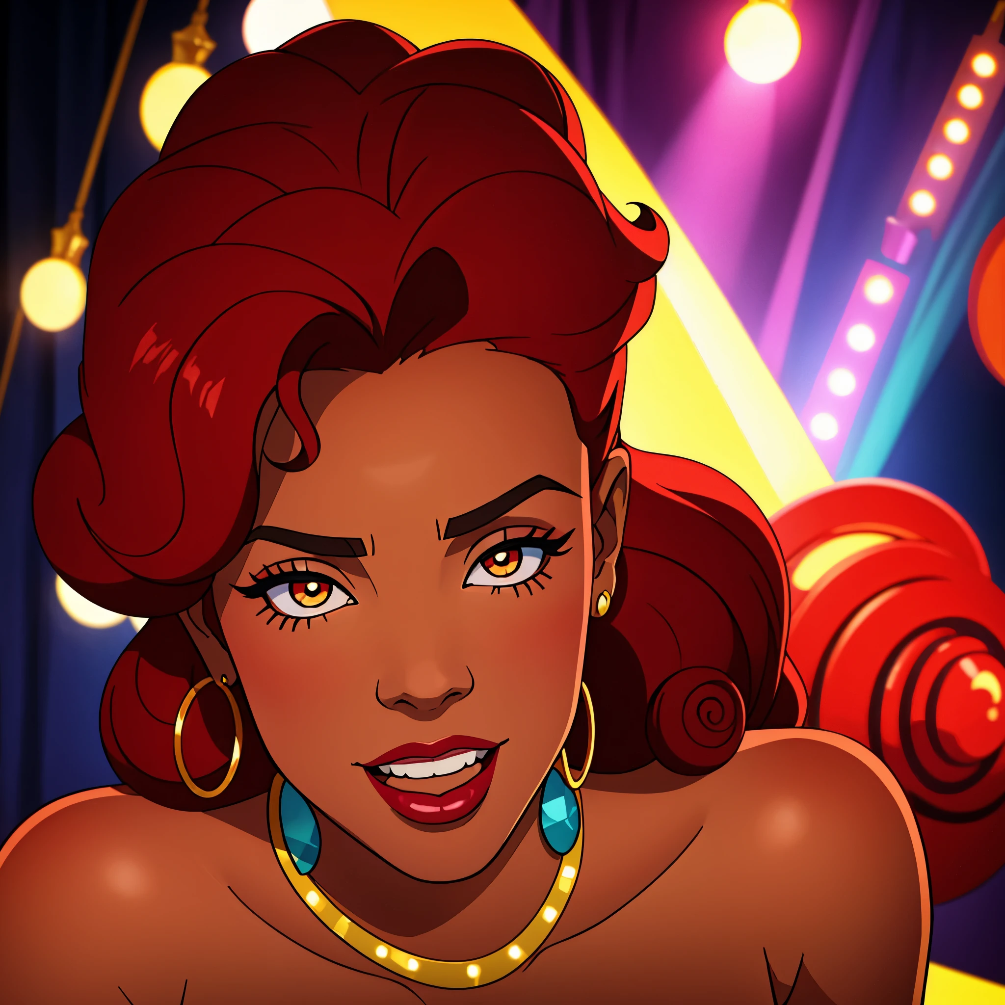 Create a close-up face portrait of a fictional 1970s African-American female R&B superstar named Ruby Roux. She has vibrant red curly hair, expressive brown eyes, and a radiant smile. Ruby wears bold makeup typical of the 1970s, including dramatic eyeliner and red lipstick. She is adorned with large hoop earrings and a glittery outfit that reflects the flashy style of the era. The background should feature a blurred colorful stage with vintage lights, adding to the retro and glamorous atmosphere. cinematic action, cinematic lighting, backlighting, masterpiece, anatomically correct, textured skin, super detail, 8k atmospheric perspective, depth of field,
