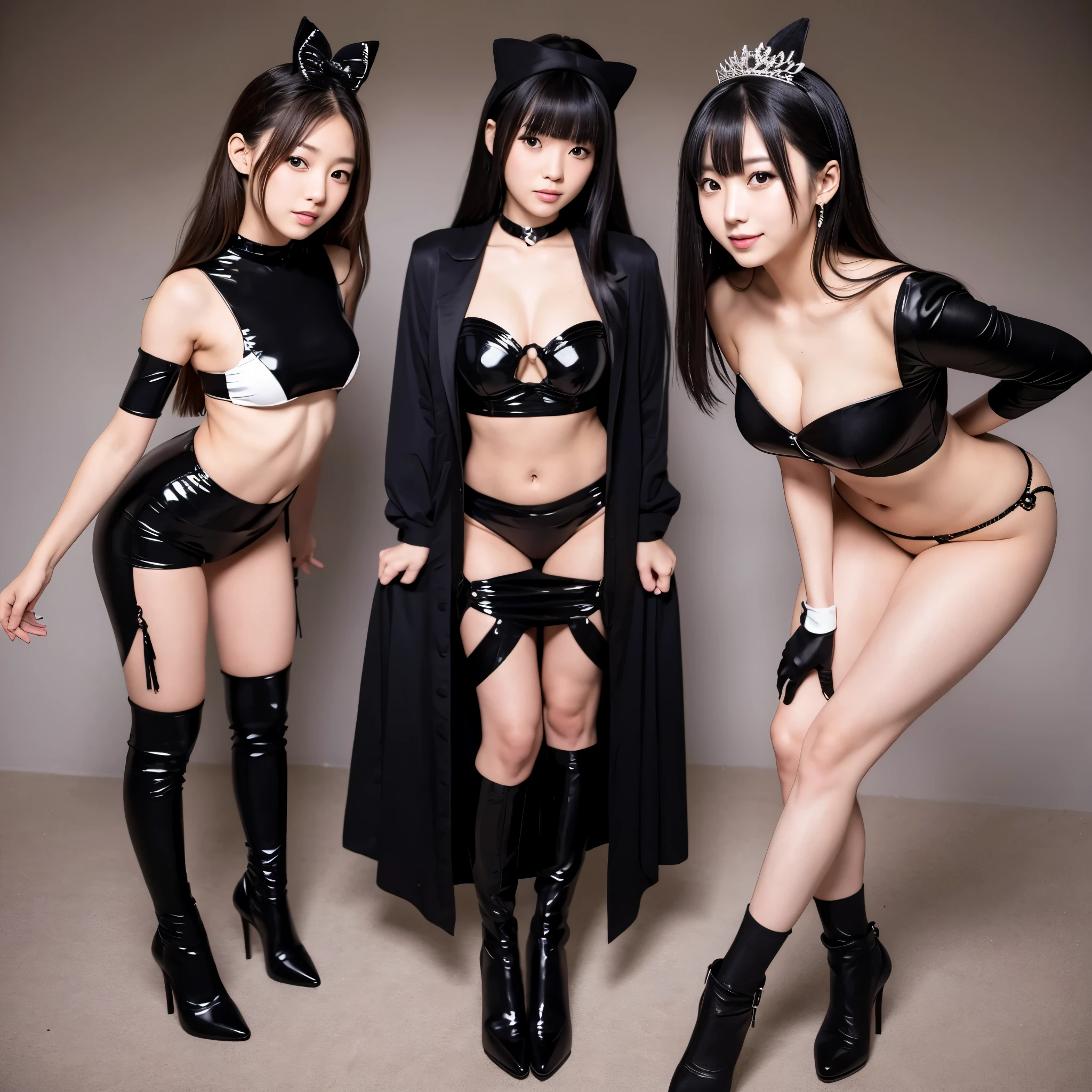 Three cute, beautiful Japanese girls in sexy black outfits. The camera angle is a full shot, so the characters' whole bodies are included. The characters are posed standing upright