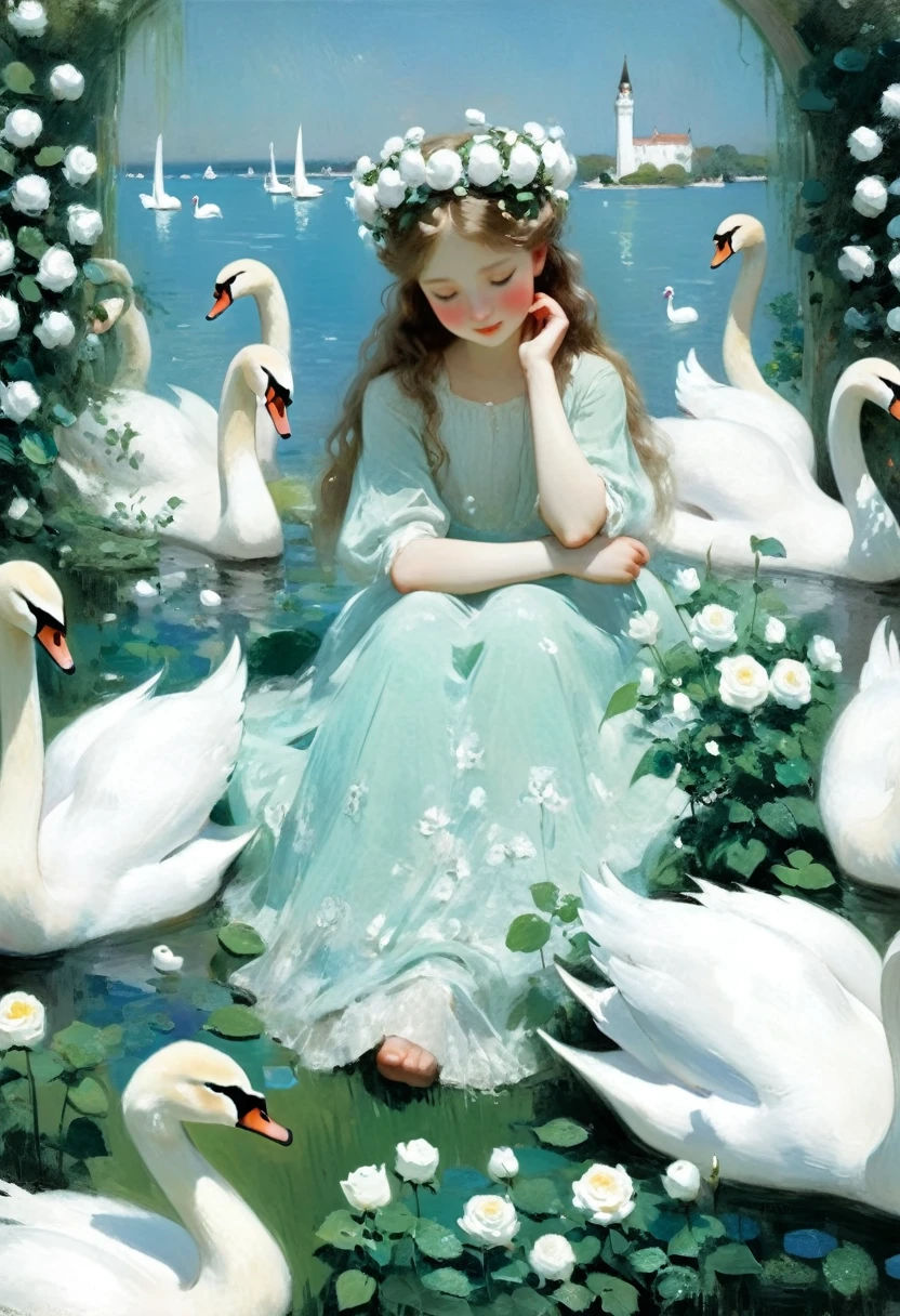 a classical girl sits in a garden surrounded by nine white swans and roses, swans with crowns on their heads, nettles in her hands, Impressionist painting, oil painting , Childe Hassam,Abstract painting of mint blue,soft,sunny and gentle