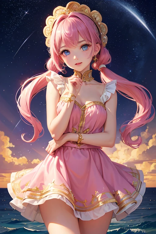 Highest quality、Highest quality、Masterpiece、woman１people、Pink shiny decollete dress、Golden embroidery、Frill mini skirt dress、Perfect body line、Adorable poses、Realistic、Glowing Skin、Groomed eyebrows、Pink Lips、Blue Eyes、Twin tails、delicate、Shiny Hair、detailed、Skirt in the wind、The background is the starry sky and the sea、