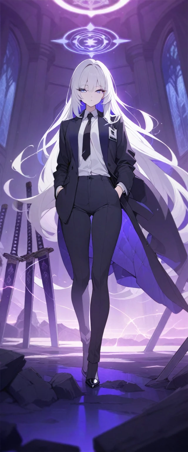 (Highest quality), (High resolution), (masterpiece), (Super detailed), (Highest quality), (High resolution), (masterpiece), (Super detailed), (Bright saturation), Long Hair, White Hair, Heterogeneous eyes: purple left eye and blue right eye, Blue Archive Art Style, One girl, With a black sword, Left hand in pocket, ,(Black long coat, White shirt, Black tie, Black trousers, suit,) whole body, Many swords stuck in the ground, Girl, Magic circle in the background, Expressionless, Light comes out of the eyes, Dark Aura, Black Light, Vivid saturation 