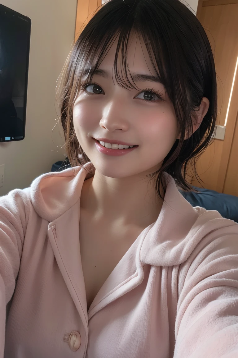 (8K, RAW Photos, Highest quality, High resolution: 1.1), (ultra Realistic: 1.4), (Realistic, Realistic: 1.3), The Beauty of Japan, pajamas, ((Upper Body: 1.3)) High resolution, Realistic image of a Japanese woman with short hair, She has big breasts and red cheeks, Look at that, smile She looks at it, smile, While taking a selfie. Her smartphone is close to her face. She appears to be live streaming from her home., Spread on the bed, With a blanket over my chest.