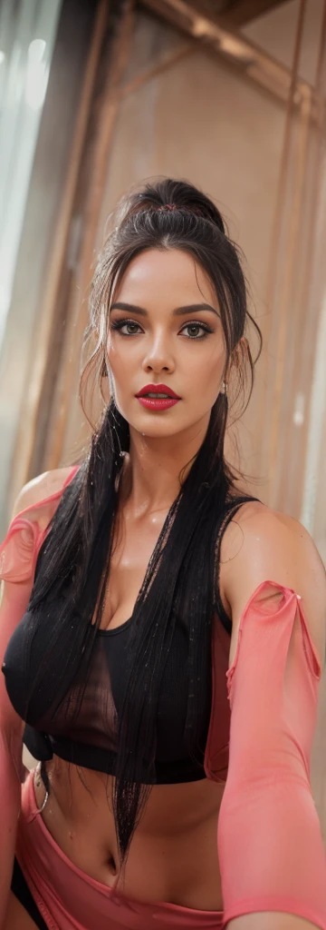 wet 4k UHD, red lips, long straight dark hair, intricate details, photo realistic, hyper realism, in sphaagetti tight tank top, busty breast, swooping cleavage wide, in bar, doing pole dance sexy, bokeh effect background, nipple tight