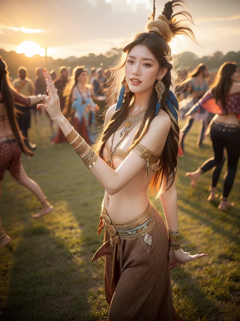 A woman with glitter-dusted skin and long blonde hair is dancing at a music festival in a full body shot from a low angle. She is wearing a boho-chic outfit that's both stylish and revealing. The background is a vibrant festival scene with colorful decorations in high detail and perfect anatomy. It's sunset with an euphoric, celebratory mood and tone, and the lighting is warm and dynamic, (festival dance pose: 1.3), (boho-chic revealing outfit: 1.9), (perfect anatomy: 1.5), (sunset: 1.6), (euphoric mood: 1.7), (warm dynamic lighting: 1.8).