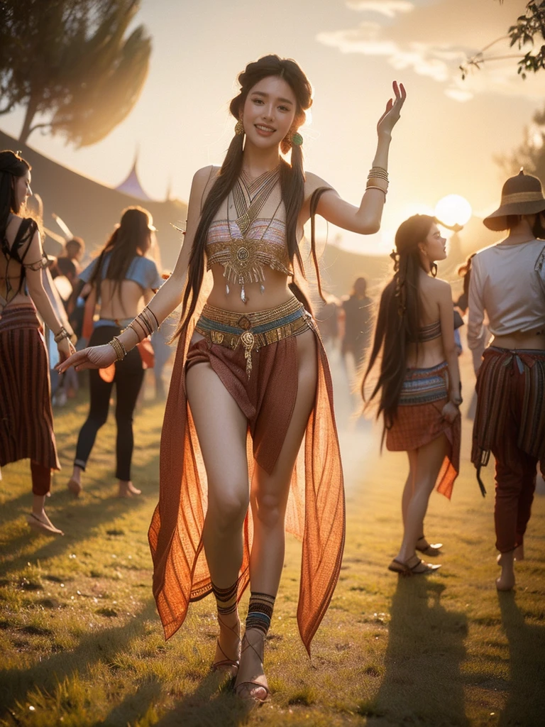 A woman with glitter-dusted skin and long blonde hair is dancing at a music festival in a full body shot from a low angle. She is wearing a boho-chic outfit that's both stylish and revealing. The background is a vibrant festival scene with colorful decorations in high detail and perfect anatomy. It's sunset with an euphoric, celebratory mood and tone, and the lighting is warm and dynamic, (festival dance pose: 1.3), (boho-chic revealing outfit: 1.9), (perfect anatomy: 1.5), (sunset: 1.6), (euphoric mood: 1.7), (warm dynamic lighting: 1.8).
