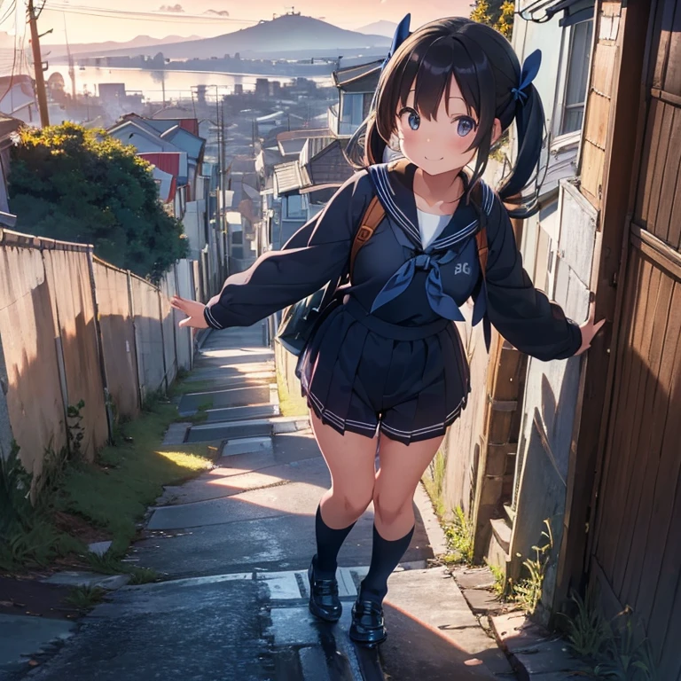 best quality, detailed, masterpiece, 1 girl, standing, gentle smile, 15yo, (low twintails:1.4), low pigtails, black hair, long hair, (navy blue sailor suit with blue ribbon:1.4), long sleeves, dark brown eyes, school bag, from the front, from little above, POV, alone, (steep downhill:1.7), long hill straight road to the back, electric pole, hill town, housing, cityscape, sea in the distance on the back, nice view, evening, orange sky, animation
