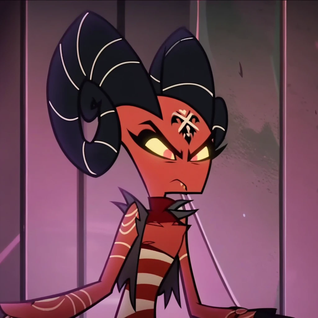 barbie wire, 1girl, demon girl, red skin, forehead tattoo, arm tattoos, horns, striped dress, leather jacket, screencap, front facing view, (y chest:2), closed mouth,