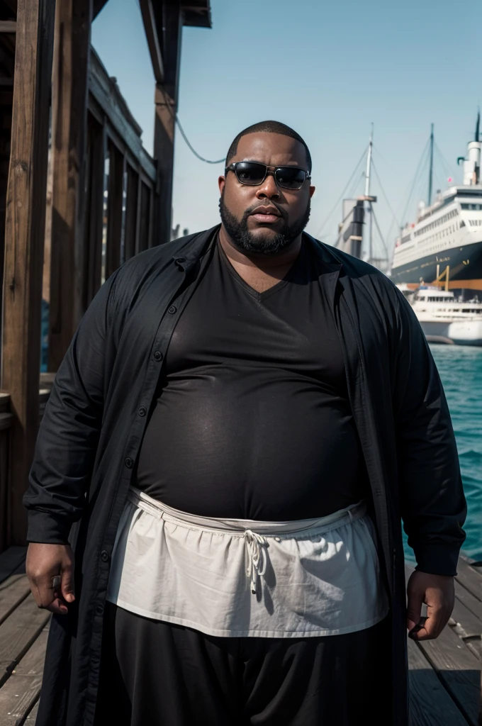"An overweight man with a rich, medium to dark brown skin tone, 175cm tall, 125kg, with thick, defined eyebrows, full lips, short black hair, and small hands. He is sitting on a luxurious yacht. The man is wearing a loose, deep blue shirt that matches the shade of the blue provided in the reference image, white shorts that match the white leather Alexander McQueen oversized sneakers. He also has a silver necklace with a small rectangular blue gemstone pendant and a Patek Philippe Nautilus watch with a blue platinum dial. The setting is luxurious, with vibrant and rich colors, emphasizing an atmosphere of wealth and sophistication."