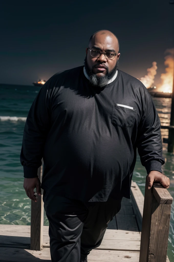 hyper-realistic image of a fat black man, dark-skinned, bald, black beard, big head, medium height, wearing square black-framed glasses, he is on the edge of the pier with the Titanic sinking and split in half when hitting the iceberg behind him, wearing period clothes, seen from the front, full body, wide image, in the year 1912, photograph with color and appearance of an image from the past