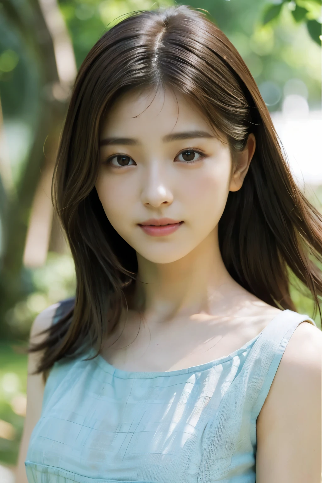 (RAW Photos, Highest quality), (Realistic, Realistic:1.3), Tabletop, smile, Very delicate and beautiful, A soft light is hitting her from the front., (Brown Hair, Straight shoulder-length hair fluttering in the wind), Beautiful detailed girl, (Detailed fingers), Highly detailed eyes and face, Beautiful and detailed nose, Beautiful attention to detail, 1 Girl, Japanese, Pure beauty, cute, (Half Body:1.3), Realistic face, Realistic body,Her eyes are looking away from the camera。