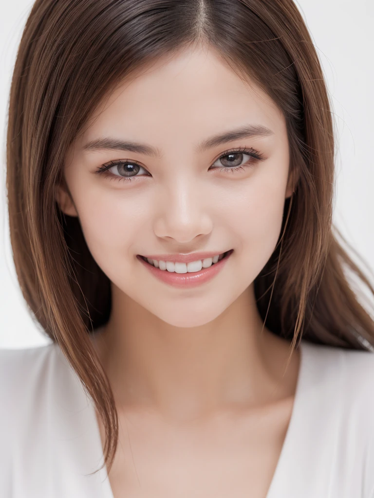 (In 8K, Highest quality, Tabletop, Ultra-high resolution, High quality face:1.5), (Rich in details), (Young Adult Model:1.3),(Photorealistic:1.4) (Look diagonally:1.6), 1 beautiful girl, White skin, (とてもWhite skin, Glittering Skin:1.4), Pin Spot Light, (Beautiful round eyes, Droopy eyes, Light in your eyes), Shiny, Natural Hair, Squint your eyes and laugh, Dazzling Smile, de luz, cute, refreshing, ((Beautiful woman in pure white outfit)), (Japanese),White background, Portraiture, Lightweight texture