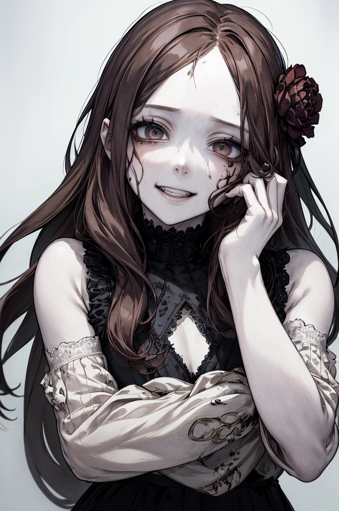 (masterpiece:1.2, Highest quality), (Actual Photos, Intricate details), (1 female, alone,whole body、Small breasts) ,Scary atmosphere、Distorted facial expressions、Blood splatter、Cuts on the face、burns on the face、whole body、Punk Fashion、Long Hair、Long Bangs、Twin tails、Black Hair、(((Dark circles under the eyes)))、Pale skin、Feeling unwell、Pathological、Wicked Smile、Crazy eyes、(Grin)Dramatic makeup,Create mixed media art、White Background