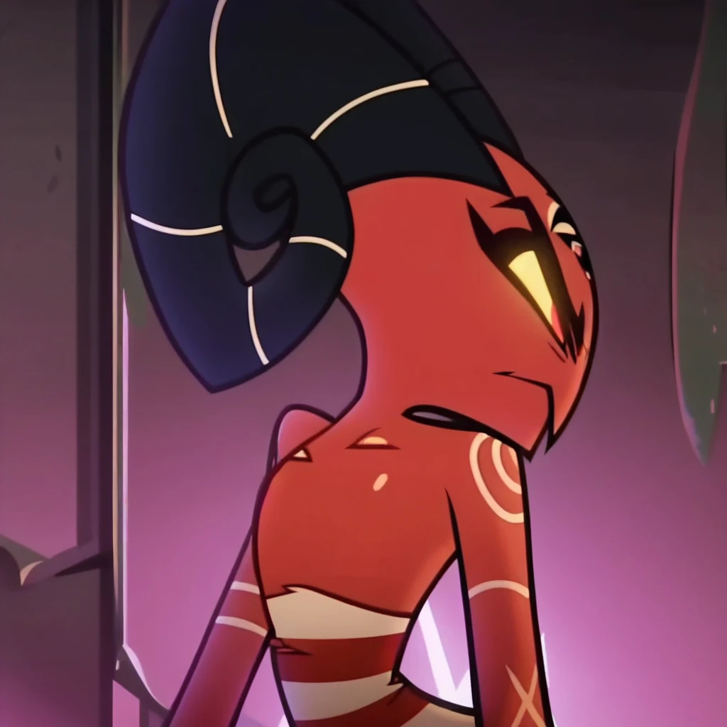 barbie wire, 1girl, demon girl, red skin, forehead tattoo, arm tattoos, horns, striped dress, leather jacket, screencap, front facing view, (puffy chest:2.5), closed mouth,