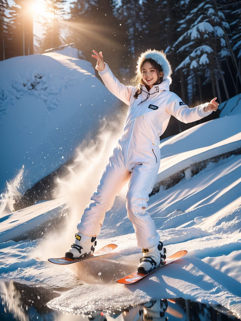 A woman with rosy cheeks and windblown blonde hair is snowboarding in a full body shot from a slight low angle. She is wearing a stylish, body-hugging snowsuit that shows off her figure. The background is a snow-covered mountain slope with other snowboarders in high detail and perfect anatomy. It's a bright winter day with an exhilarating, playful mood and tone, and the lighting is crisp and reflective, (snowboarding jump pose: 1.4), (stylish snowsuit: 1.8), (perfect anatomy: 1.5), (bright winter day: 1.6), (exhilarating mood: 1.7), (crisp reflective lighting: 1.8).