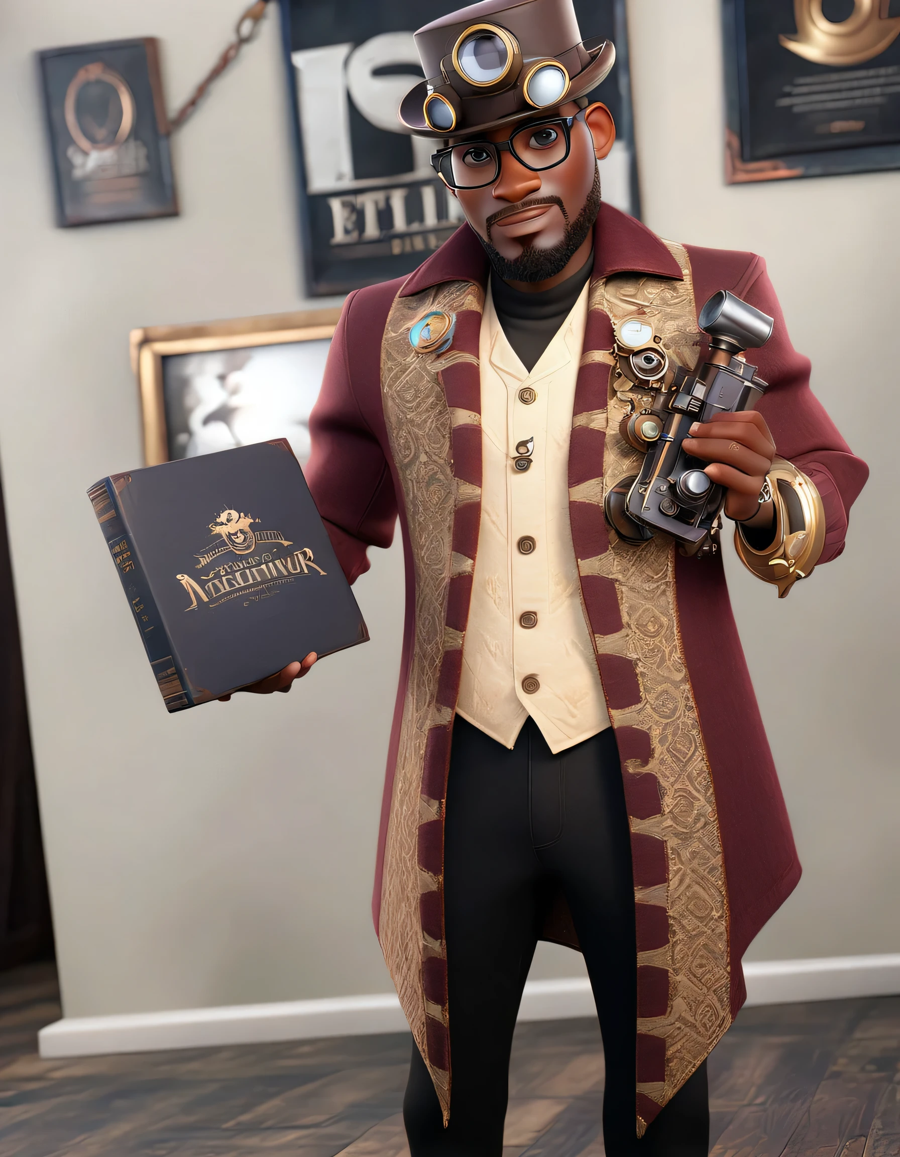 handsome black man, slim face, glasses, steampunk hat, slim body, disney, pixar, (Pixar style), Disney style, (masterpiece:1.2), (best quality) (detailed skin) (detailed texture) (8k) (cinematic lighting) (sharp focus)