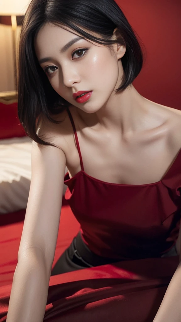 (Messy shoulder length black straight bob hair:1),（Really meticulous CG),(((8K))),wallpaper，（Incredibly stylish and beautiful），（masterpiece:2.0），（best quality:2.0），（초high resolution:2.0），A beautiful light comes on，perfect lightning,Realistic Shading，[high resolution],(Smooth, flawless, fair skin:1.5),Very exquisite facial details,Ultra-detailed,female,alone,small head,small face,exquisite makeup,red lips,dawn,glimmering,closeup,at home,in the bedroom,(lying on one&#39;s back in bed:1.5),(close one&#39;s eyes:1.5),(dehisce:1.3),sleeping,faint,yawning,(Top-down overhead camera perspective:1.2),(perfect body:1.1),,flat chest,slim,thin,(pink|red pajama dress:1.5),(female orgasm:1.5),(blush:1.3),(upper body),