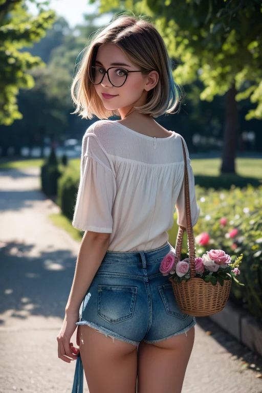 kate, short hair with blue highlights, gazing at viewer, blue colored eyes, perfectbody, white blouse, shorts jeans, cute round glasses, White sneakers, light pink half socket, (( fully body, )), of coasts for camera, looking at the viewer, riding a bicycle with a basket in a park, rose with basket, on the path rosas, Sorrind, shy, smiley, full blush, hair ribbon, wide shot, panorama, from behind