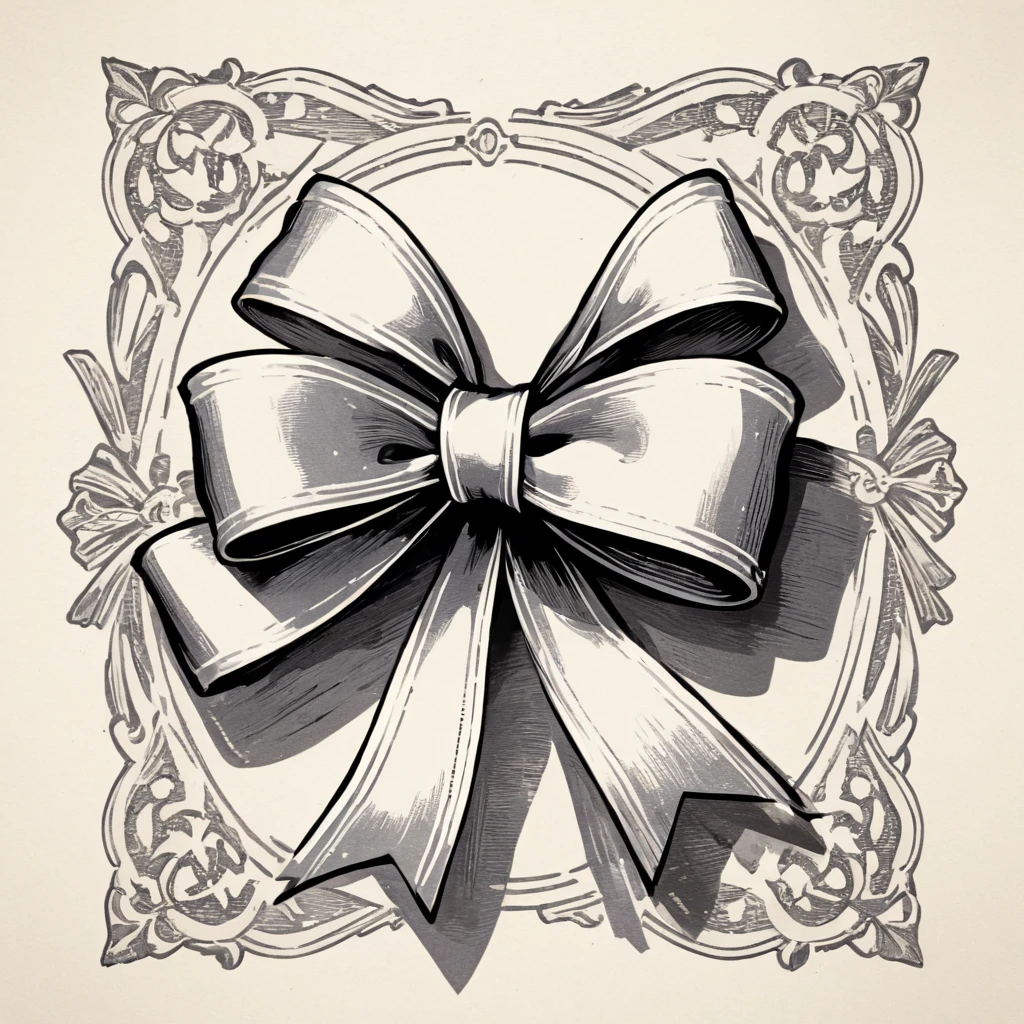 masterpiece、super beautiful、８K、Asymmetric、An illustration of a ribbon tied in a bowknot, drawn with worn lines in the style of medieval black and white letterpress printing.