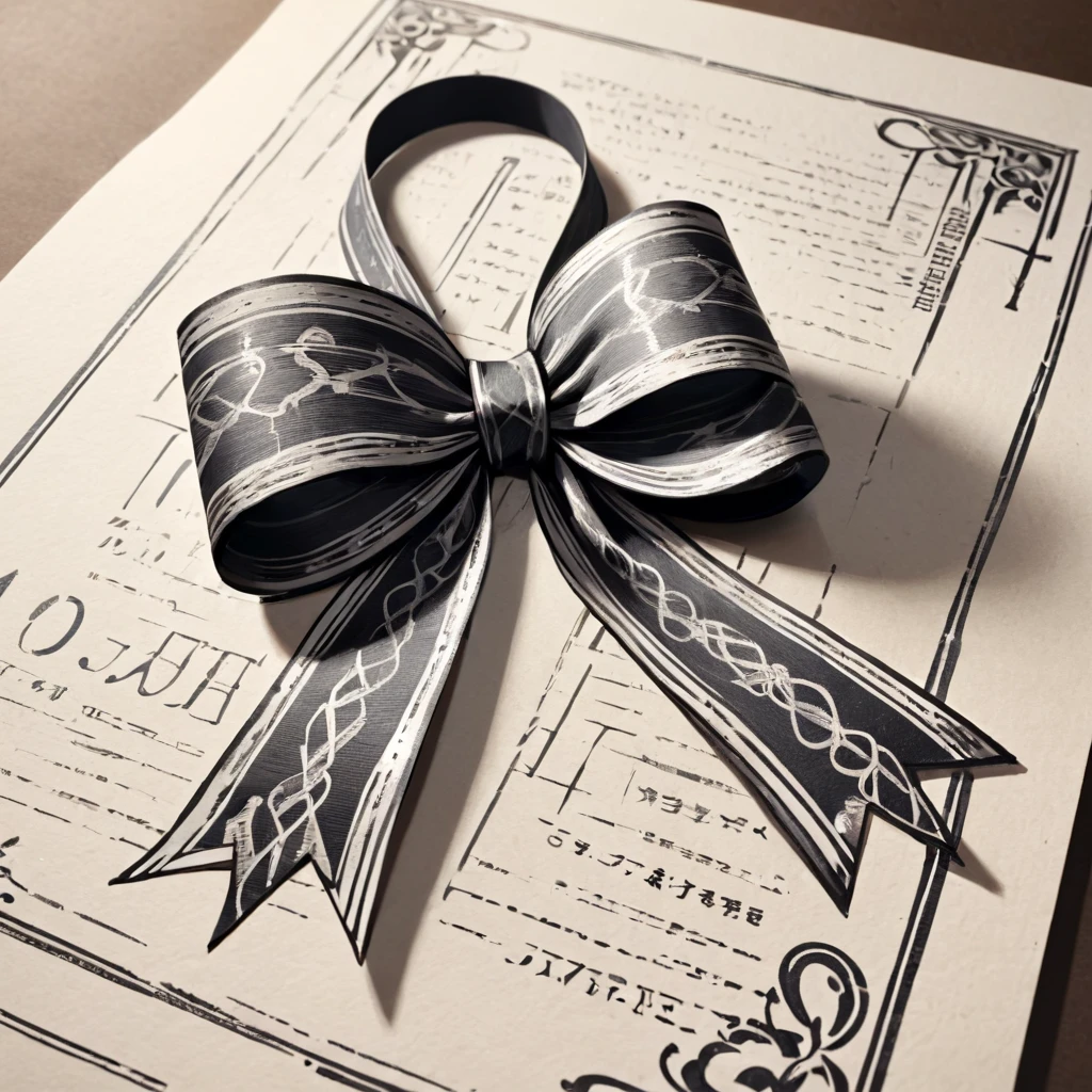 masterpiece、super beautiful、8K、Asymmetric、An illustration of a ribbon tied in a bowknot, drawn with worn lines in the style of medieval black and white letterpress printing.