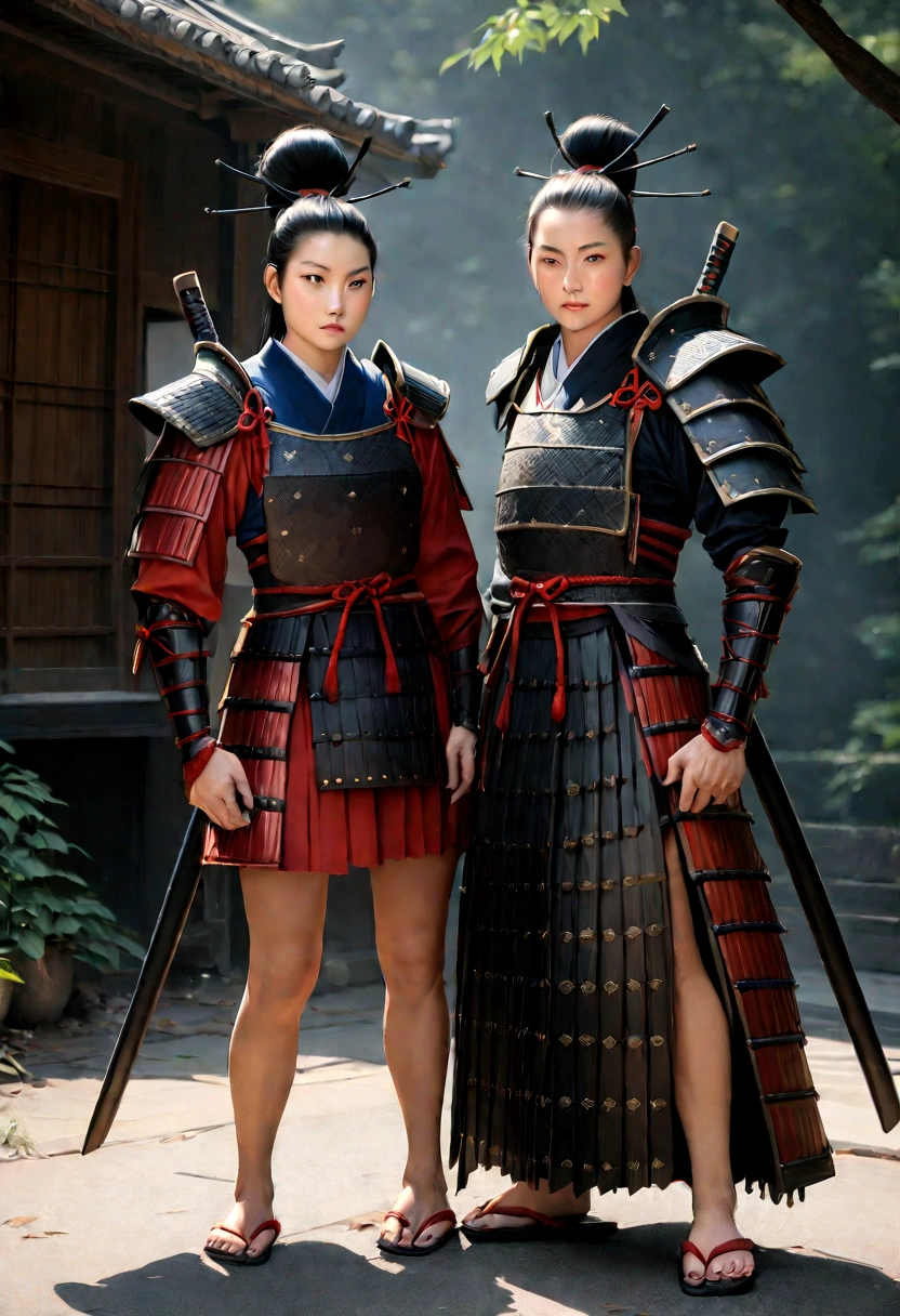 Highest image quality, masterpiece, super high resolution, (reality 1.4), raw photo, (slender legs) (perfect figure), dynamic pose, two samurai wearing blue Japanese armor and red Two characters, standing together with swords, detailed faces, realistic style, high resolution