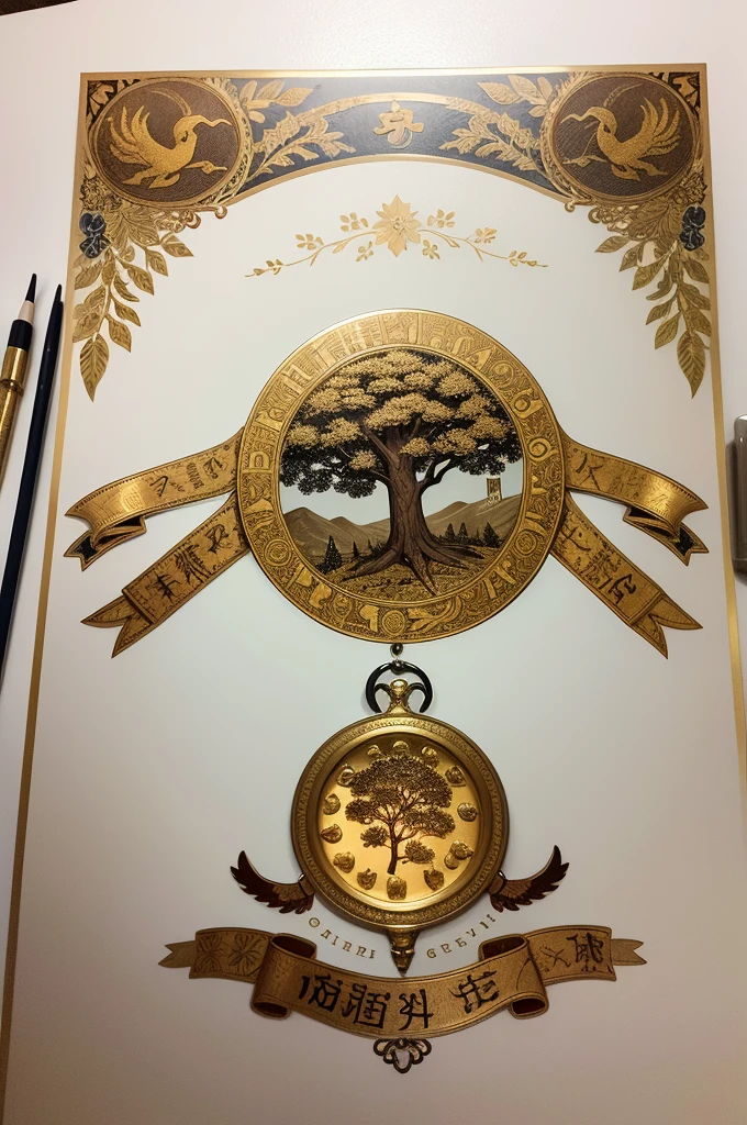 1sticker,a sticker, Nikkaze,(A tree full of gold coins),(Brilliant décor),(Fortune cicada),(Traditional coats of arms),gold coins,Golden branches and jade leaves,Background brushstrokes in ink style,water ink, white backgrounid, nothing background, simple backgound, dk, badges,logo, pastel colour, vectorstyle, no gradien