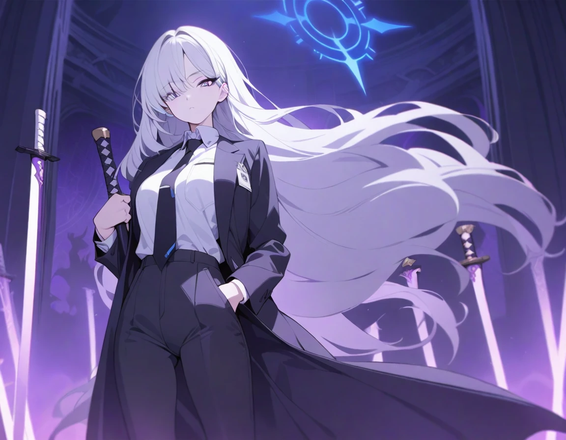 (Highest quality), (High resolution), (masterpiece), (Super detailed), (Highest quality), (High resolution), (masterpiece), (Super detailed), (Bright saturation), Long Hair, White Hair, Heterogeneous eyes: purple left eye and blue right eye, Blue Archive Art Style, One girl, With a black sword, Left hand in pocket, ,(Black long coat, White shirt, Black tie, Black trousers, suit,) whole body, Many swords stuck in the ground, Girl, Magic circle in the background, Expressionless, Dark Aura, Black Light, Vivid saturation