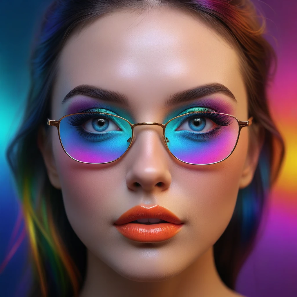 beautiful woman portrait, thin square nice glasses, psychedelic art, detailed face, beautifully detailed eyes, beautifully detailed lips, highly detailed eyes and face, long eyelashes, portrait, digital art, vibrant colors, surreal, intricate details, dynamic composition, dramatic lighting, abstract background, mind-blowing, visionary, trippy, transcendental, captivating, mesmerizing, best quality, 8k, high resolution, masterpiece, ultra detailed, realistic, photorealistic, rainbow highlights