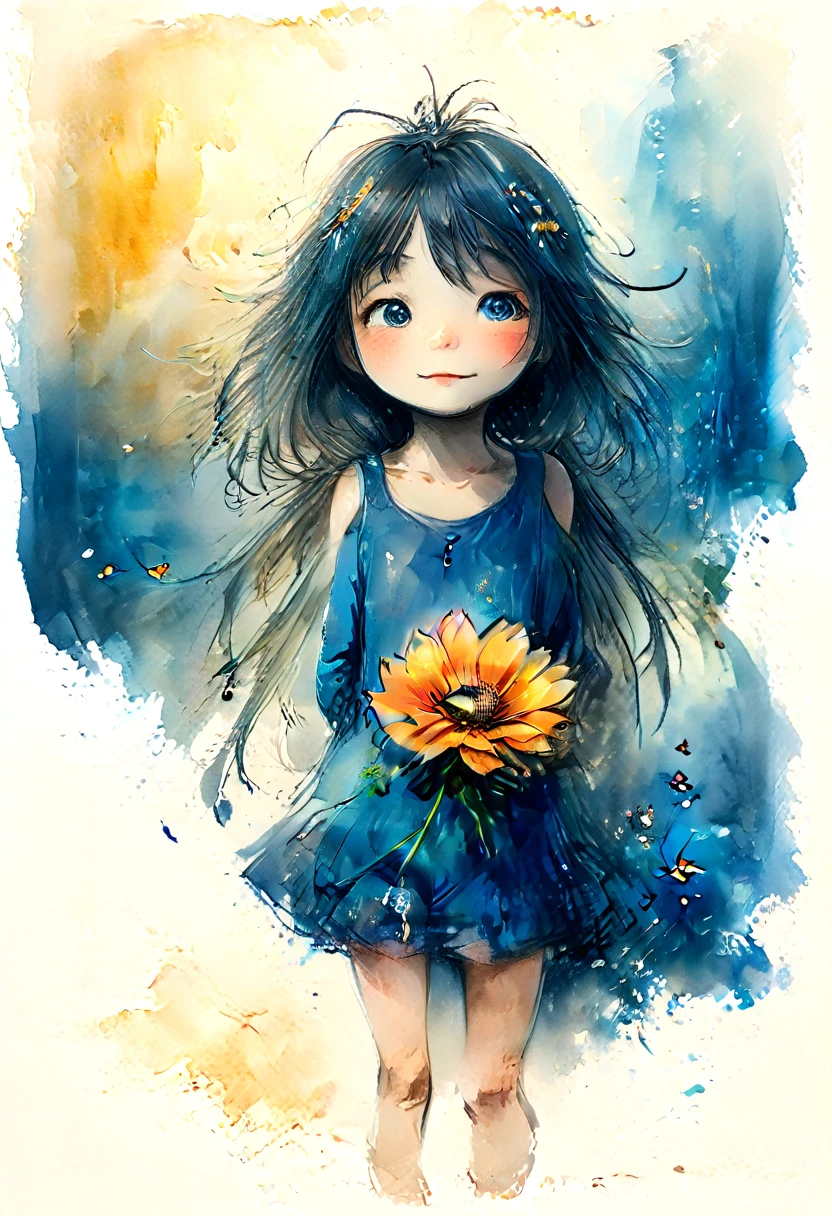 vintage watercolor drawing, a little anime girl holding a large vibrant flower to her chest. ao redor, there are smaller flowers and butterflies, some appearing to be in motion. The background has a soft watercolor texture with shades of blue and yellow., giving the image an ethereal, dreamlike quality. This image may be interesting or relevant because of its artistic style and use of color and light to evoke a sense of tranquility and natural beauty