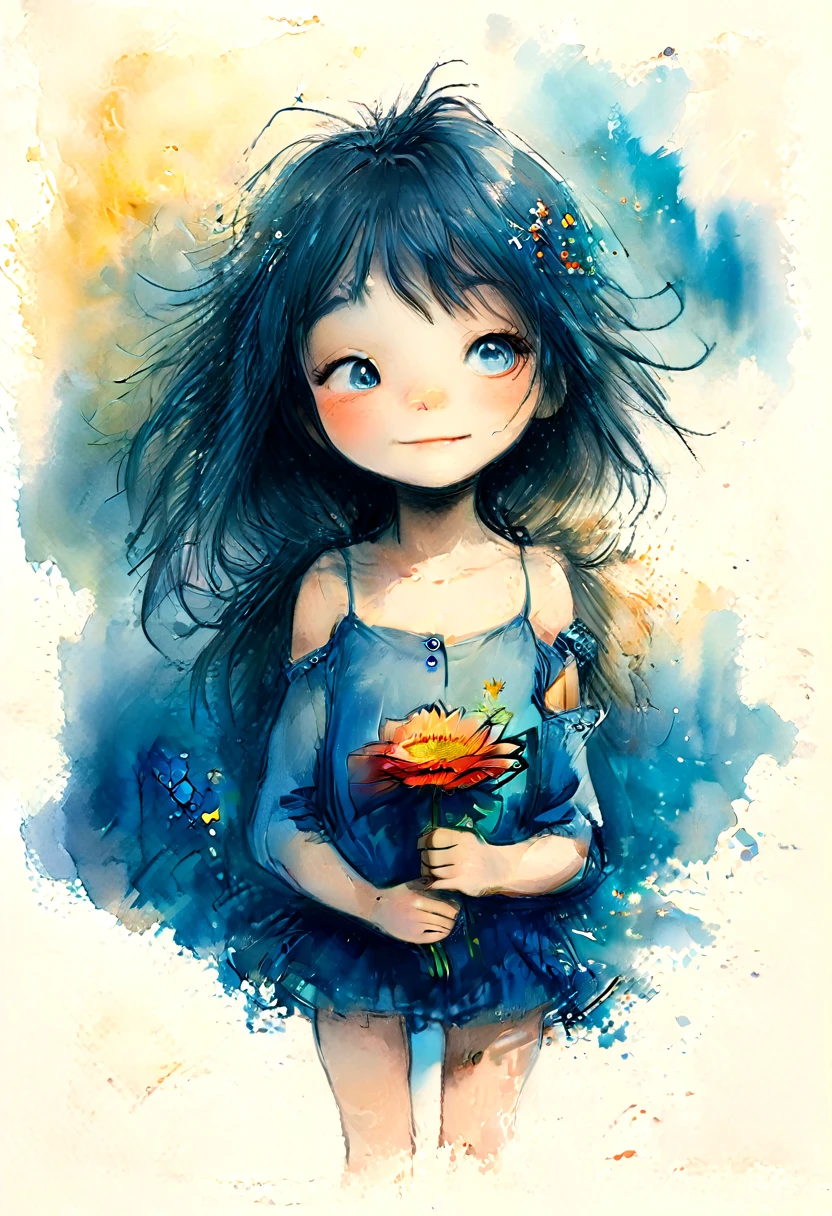 vintage watercolor drawing, a little anime girl holding a large vibrant flower to her chest. ao redor, there are smaller flowers and butterflies, some appearing to be in motion. The background has a soft watercolor texture with shades of blue and yellow., giving the image an ethereal, dreamlike quality. This image may be interesting or relevant because of its artistic style and use of color and light to evoke a sense of tranquility and natural beauty