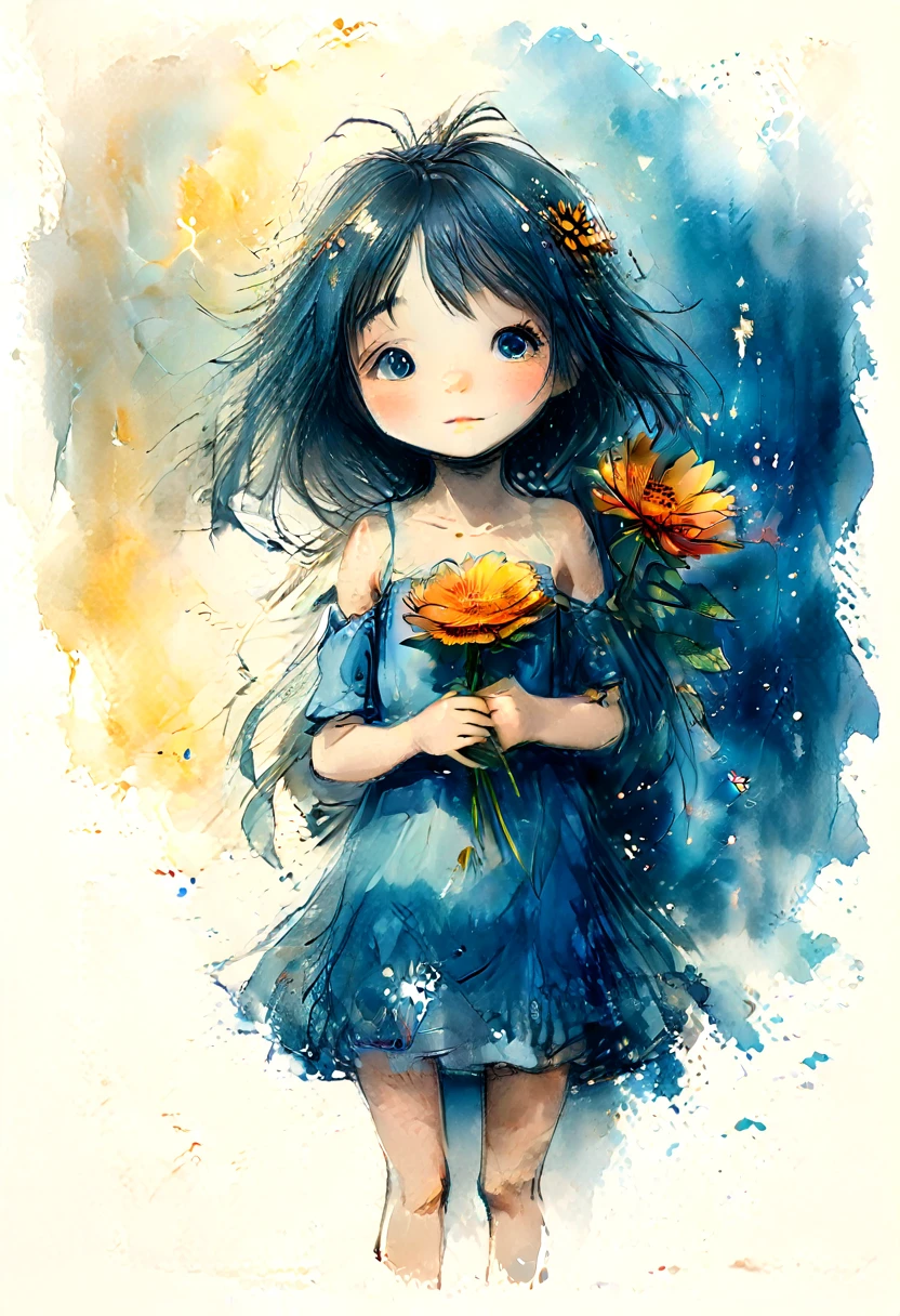 vintage watercolor drawing, a  anime girl holding a large vibrant flower to her chest. ao redor, there are smaller flowers and butterflies, some appearing to be in motion. The background has a soft watercolor texture with shades of blue and yellow., giving the image an ethereal, dreamlike quality. This image may be interesting or relevant because of its artistic style and use of color and light to evoke a sense of tranquility and natural beauty