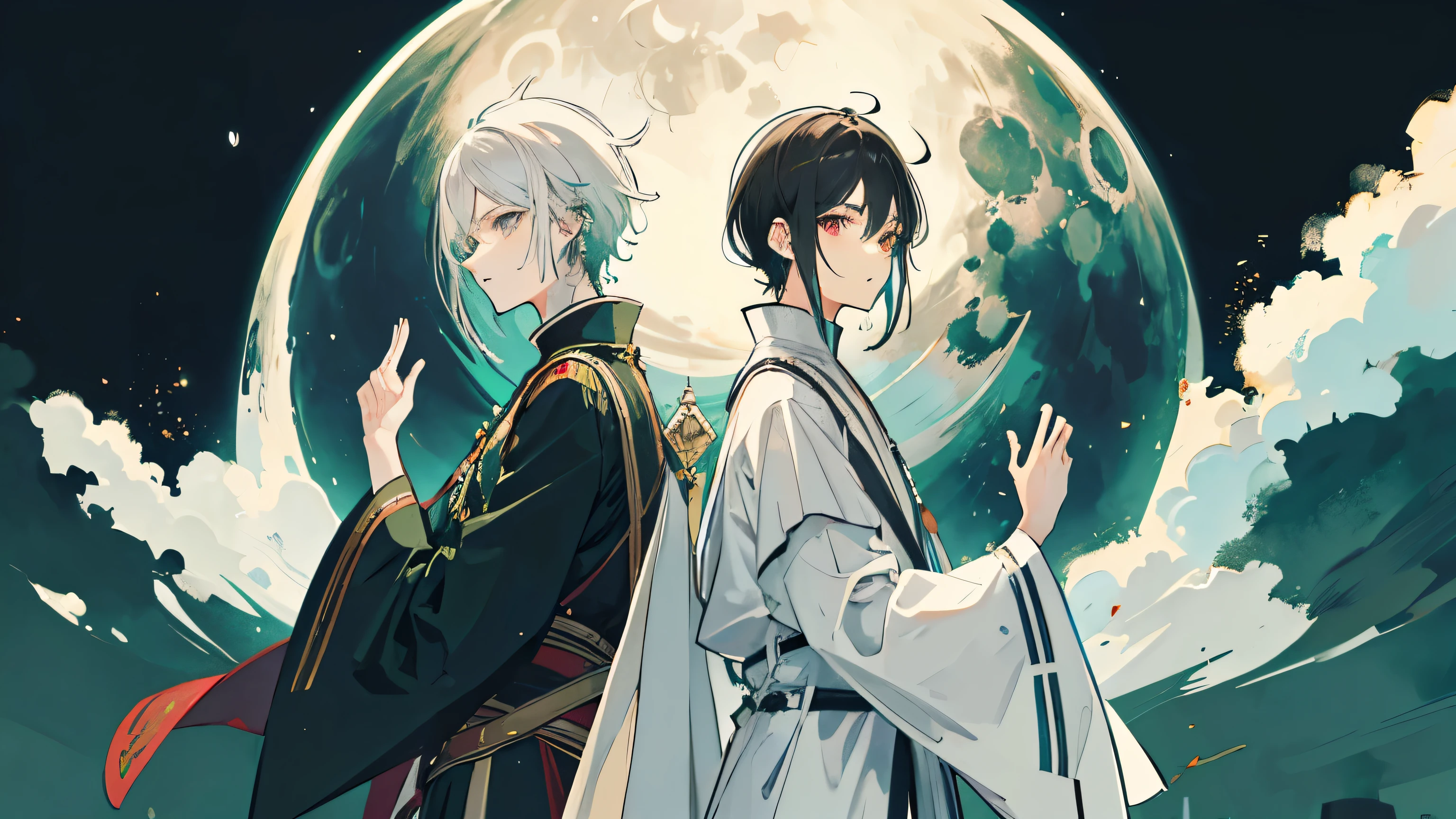 Two young men, black hair, green nape, wizard-like clothes, cute man, white hair, singer, live costume, cute man, facing backwards, night and moon background