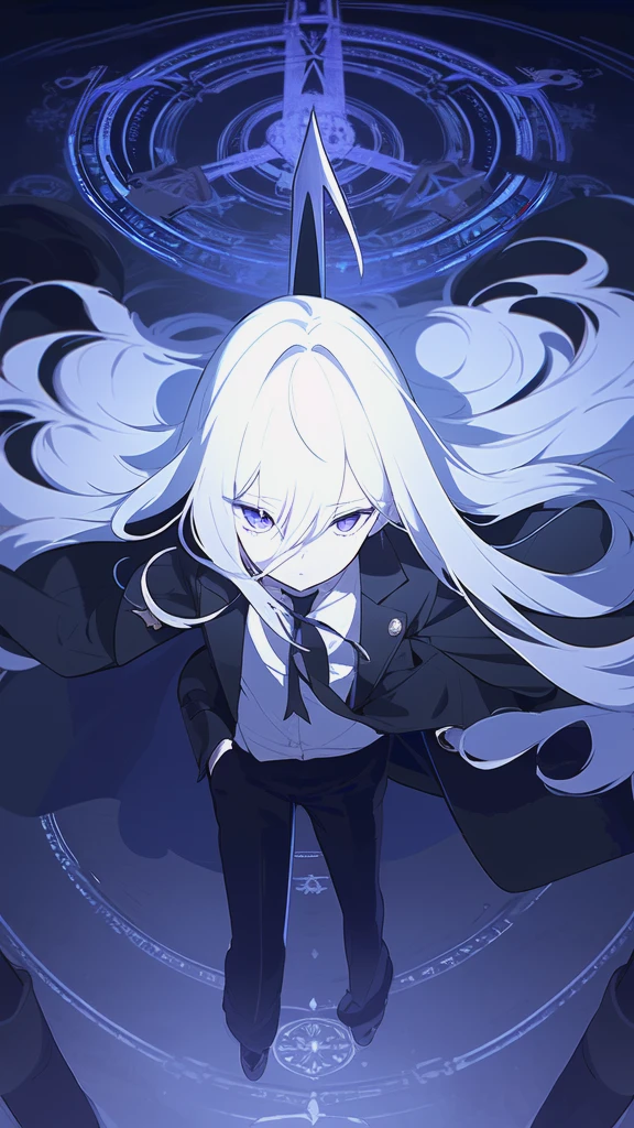 (Highest quality), (High resolution), (masterpiece), (Super detailed), (Highest quality), (High resolution), (masterpiece), (Super detailed), (Bright saturation), Long Hair, White Hair, Heterogeneous eyes: purple left eye and blue right eye, Blue Archive Art Style, One girl, With a black sword, Left hand in pocket, ,(Black long coat, White shirt, Black tie, Black trousers, suit,) whole body, Many swords stuck in the ground, Girl, Magic circle in the background, Expressionless, Dark Aura, Black Light, Vivid saturation
