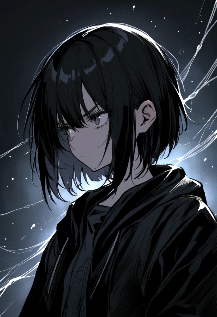 Student girl, long black hair, emo, serious and melancholic looking into space