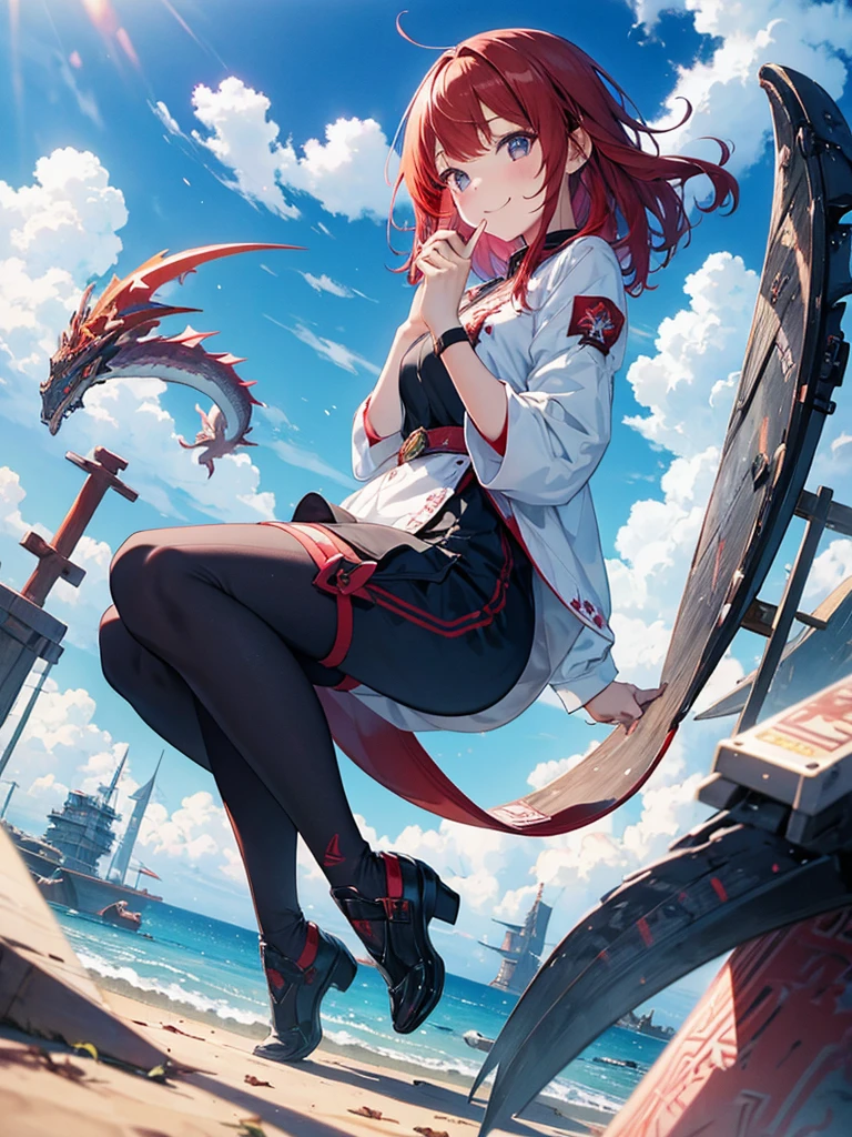 Highest quality, masterpiece, One girl、Red Hair、Smile with your mouth closed、Cute iridescent Asian dragon playing with clouds and wind in the sky, isometric, Beautiful concept art, Optics
