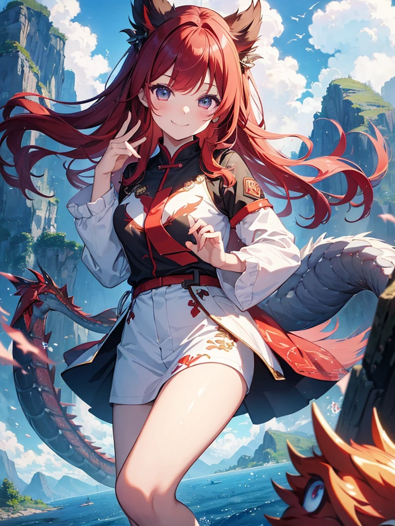 Highest quality, masterpiece, One girl、Red Hair、Smile with your mouth closed、Cute iridescent Asian dragon playing with clouds and wind in the sky, isometric, Beautiful concept art, Optics