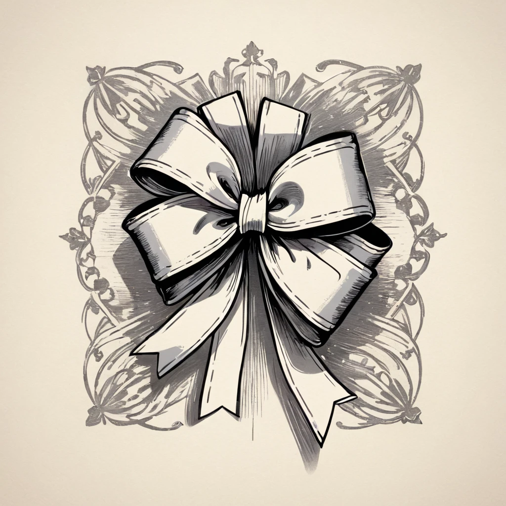 masterpiece、super beautiful、8K、Asymmetric、An illustration of a ribbon tied in a bowknot, drawn with worn lines in the style of medieval black and white letterpress printing.