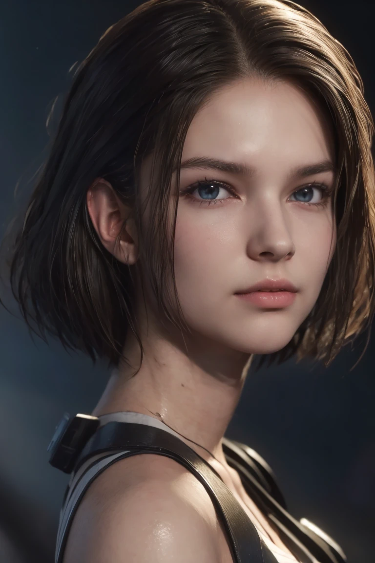 masterpiece, jill valentine, blue eyes, brown hair, long bob hair, oval face