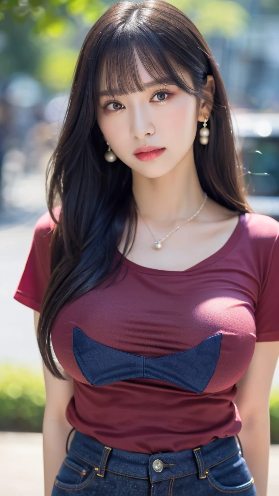 1 girl, national foundation, ((8k, raw, masterpiece: 1.5)), (Professional photography, sharp:1.2), Perfect dynamic composition, (Natural sun light), (soft shadow), (Perfect body:1.4), (((skinny figure))), ((huge round breasts: 1.35)), (((((medium long hair,bangs))))), Ultra-detailed faces and skin, perfect asian, White skin, (Delicate skin:1.4), (latex skin:0.4), (perfect glowing skin:0.6), light brown eyes, beautiful eyes, round eyes, pretty face, blush, glossy lips, ((plump lips)), glossy eyes, Really moist skin, gloomy expression, looking at camera, Elegant pearl necklace, Elegant earrings, minimalist, (((red t-shirt, navy blue jeans trouser)))