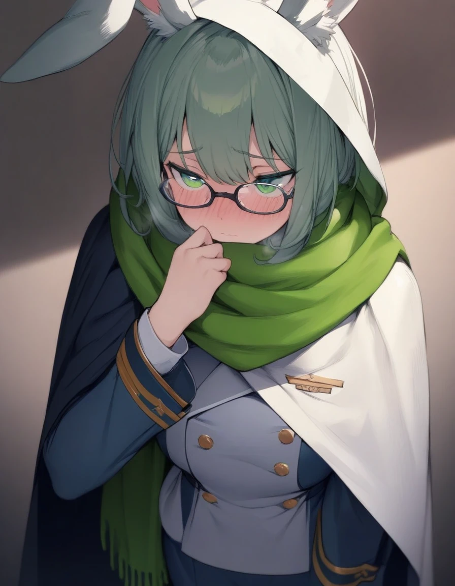 (Best Quality) , (Masterpiece) , (detailed) , rabbit girl , wide , uniform , green eyes , good body , long cape , bright Eyes , scarf , glasses , shy , alone , high
