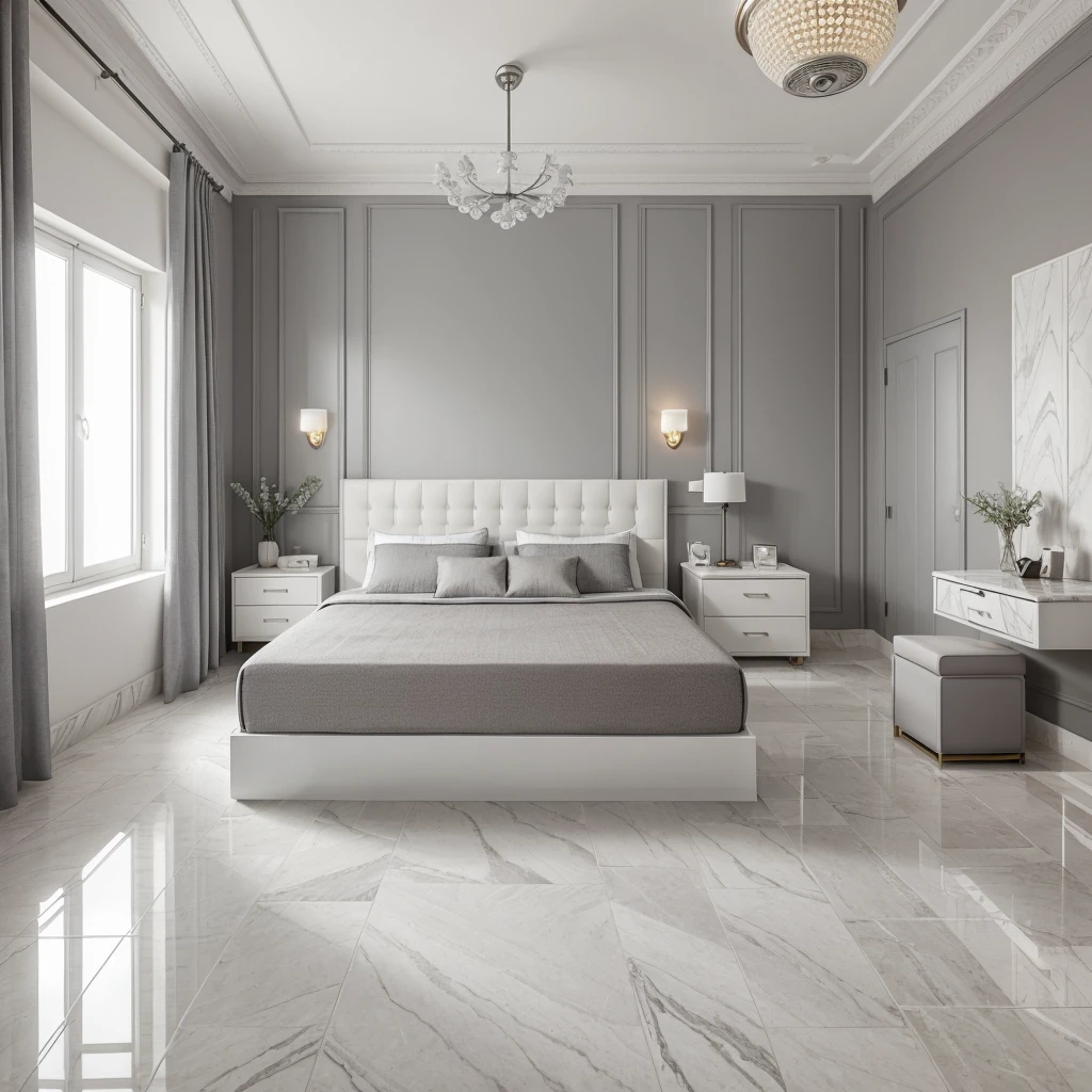 Daylight room interior view , with grey colour chevron detailing headboard, bed with white mattress, lights ,side table with drawers, italian white grey marble on the floor , grey wall paint with a clock and split ac , false ceiling detail with light and fan