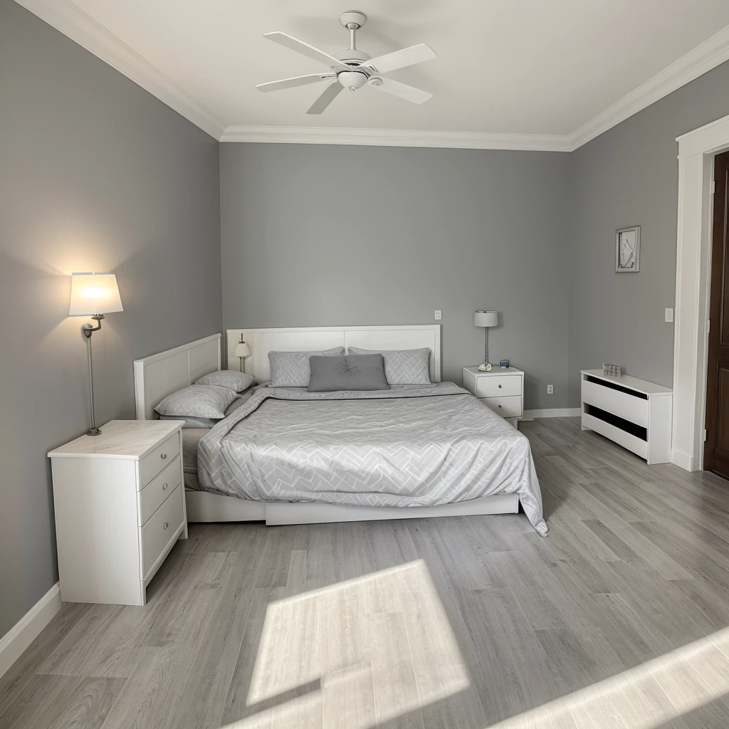 Daylight room interior view , with grey colour chevron detailing headboard, bed with white mattress, lights ,side table with drawers, italian white grey marble on the floor , grey wall paint with  a clock and split ac , false ceiling detail with light and fan