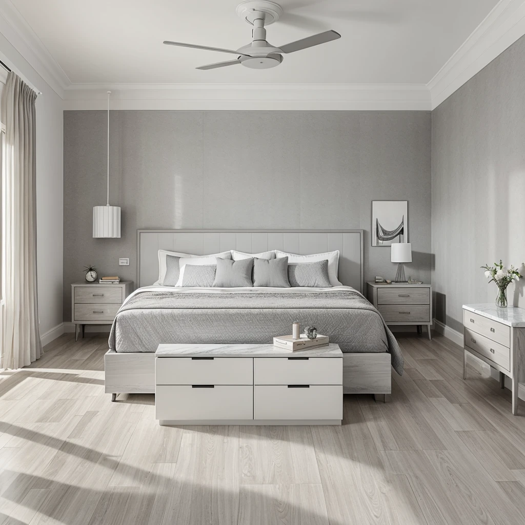 Daylight room interior view , with grey colour chevron detailing headboard, bed with white mattress, lights ,side table with drawers, italian white grey marble on the floor , grey wall paint with a clock and split ac , false ceiling detail with light and fan