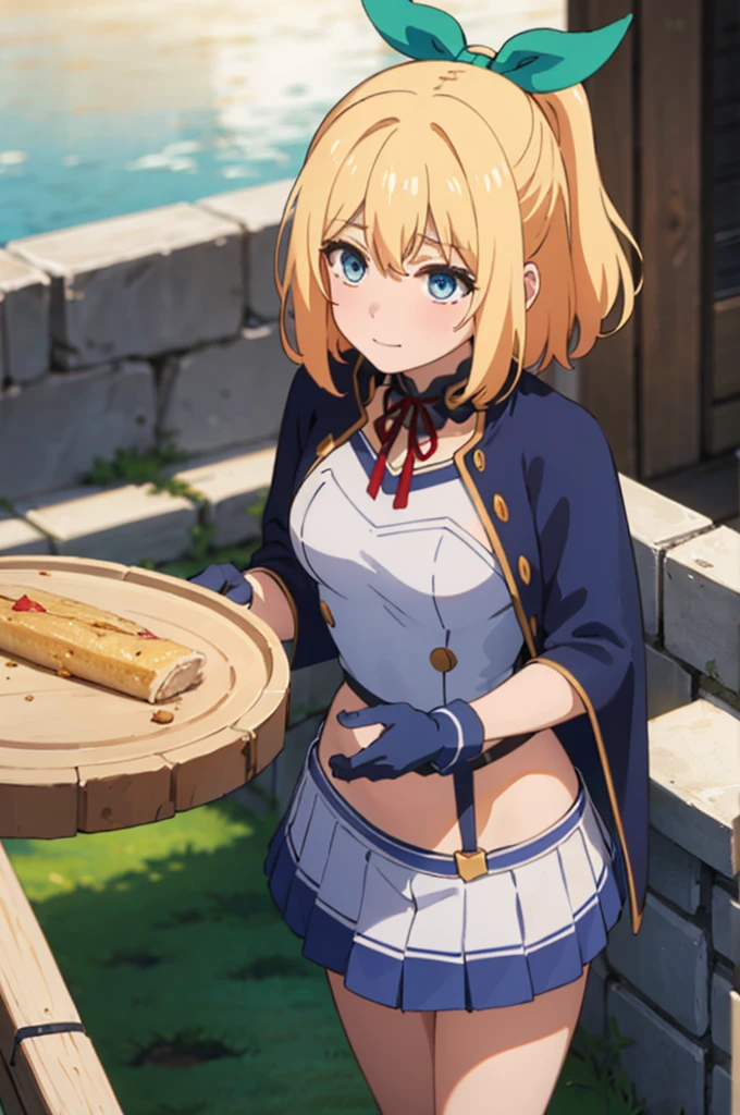 best quality, (masterpiece:1.2), detailed, middle Ages,
ugly tingle,
1 girl, alone, Keep your mouth shut, faint smile,
medium hair, blonde hair, short ponytail, blue eyes, green bow, x hair accessories, medium breasts
Uniforms, sling, blue shawl, White a tube top, blue collar, red belt, mini skirt, white skirt, navel, Gloves,
Permanently installed, from angle, looking at the audience,(Skirt lift:1.3), (thongs:1.1),White panties outdoor activities, castle