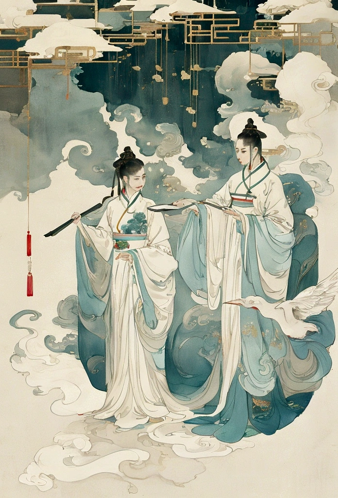 宋代壁painting，it is，Cyan light beige，Chinese eaves，Crane，white crane，painting，White Space，Minimalist style，Fine brushwork，Extremely fine details，Exquisite style，New Chinese，landscape，Symmetrical composition