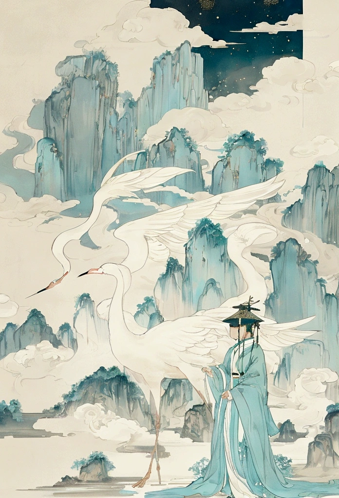 宋代壁painting,it is,Cyan light beige,Chinese eaves,Crane,white crane,painting,White Space,Minimalist style,Fine brushwork,Extremely fine details,Exquisite style,New Chinese,landscape,Symmetrical composition