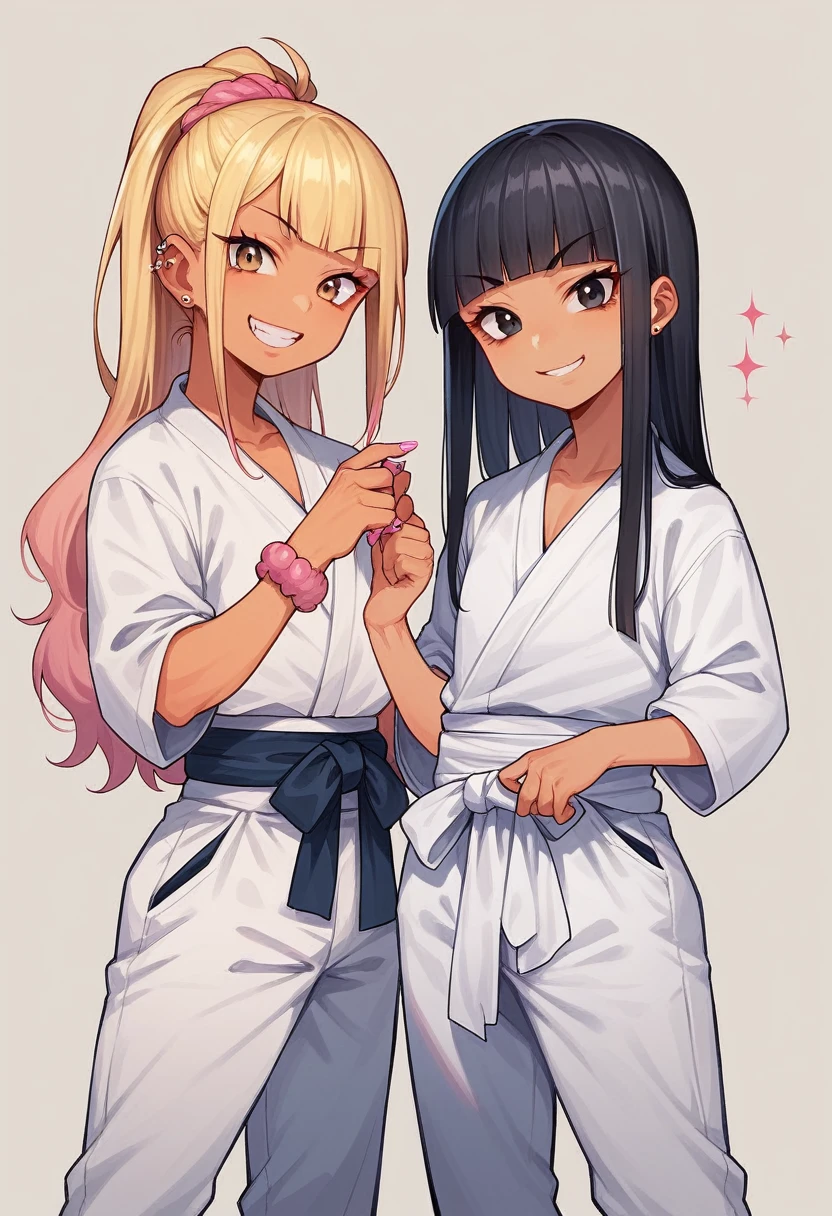 ((young 2girl ,short stature,gyaru)) ,flat chest,black hair, hime cut, long hair tied back,nsfw,heavyset,looking at viewer.karate wear,evil smiling