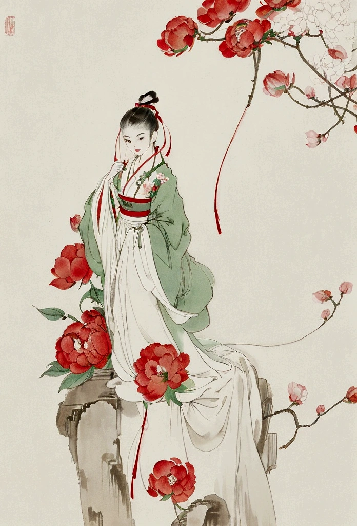 Ink and brush style,peony,peony,Red and green color scheme,Simple lines,nice,Japanese Kimono,Edo Period、Hand-drawn,HD detailed,White Background,Painting on Japanese paper,High quality 8K