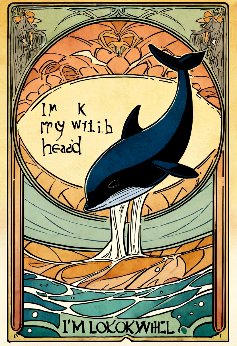 Beautiful drawing of Nishikigoi jumping out of the water、Simple Haida design with whale flowing、Haida's design is simple, Clean flowing lines with no filler pattern on the inside、Side view of the whole body、Art Nouveau advertising style、I'm looking with my head down。forward、Cinematic、typography
